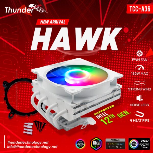 THUNDER HAWK ARGB CPU CooLER SNOW WHITE 4 HEAT PiPE CYLINDER 1