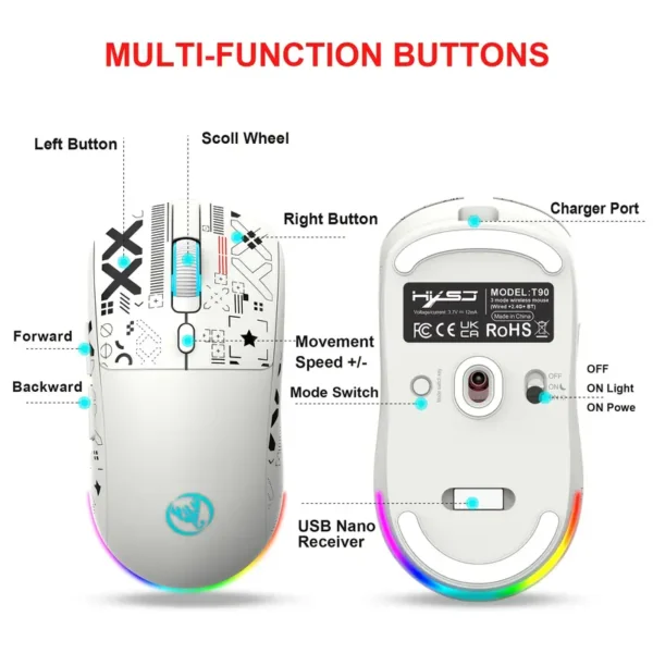 HXSJ T90 BLUETOOTH WiRELESS 2.4GHz MOUSE WHITE RECHARGEABLE 15