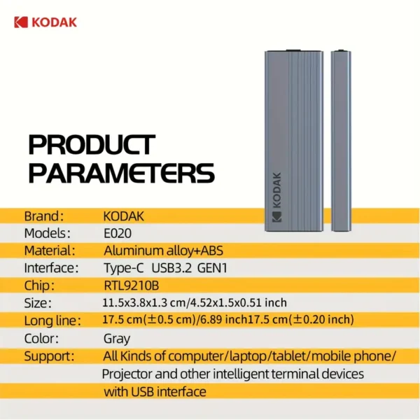 KODAK M.2 NVMe SSD ENCLOSURE-E020,10GBps, Type-C, USB 3.2 9