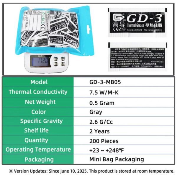 GD-3 THERMAL PASTE 0.5g GREASE CONDUCTIVITY 7.5WM-K GRAY 4